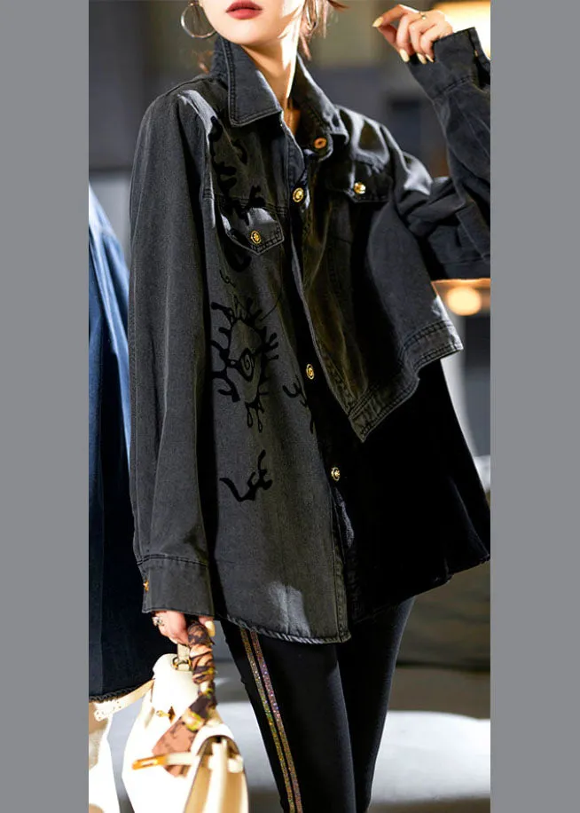 Casual Denim Blue Peter Pan Collar Asymmetrical Print Button Cotton Coats Long Sleeve ML2068