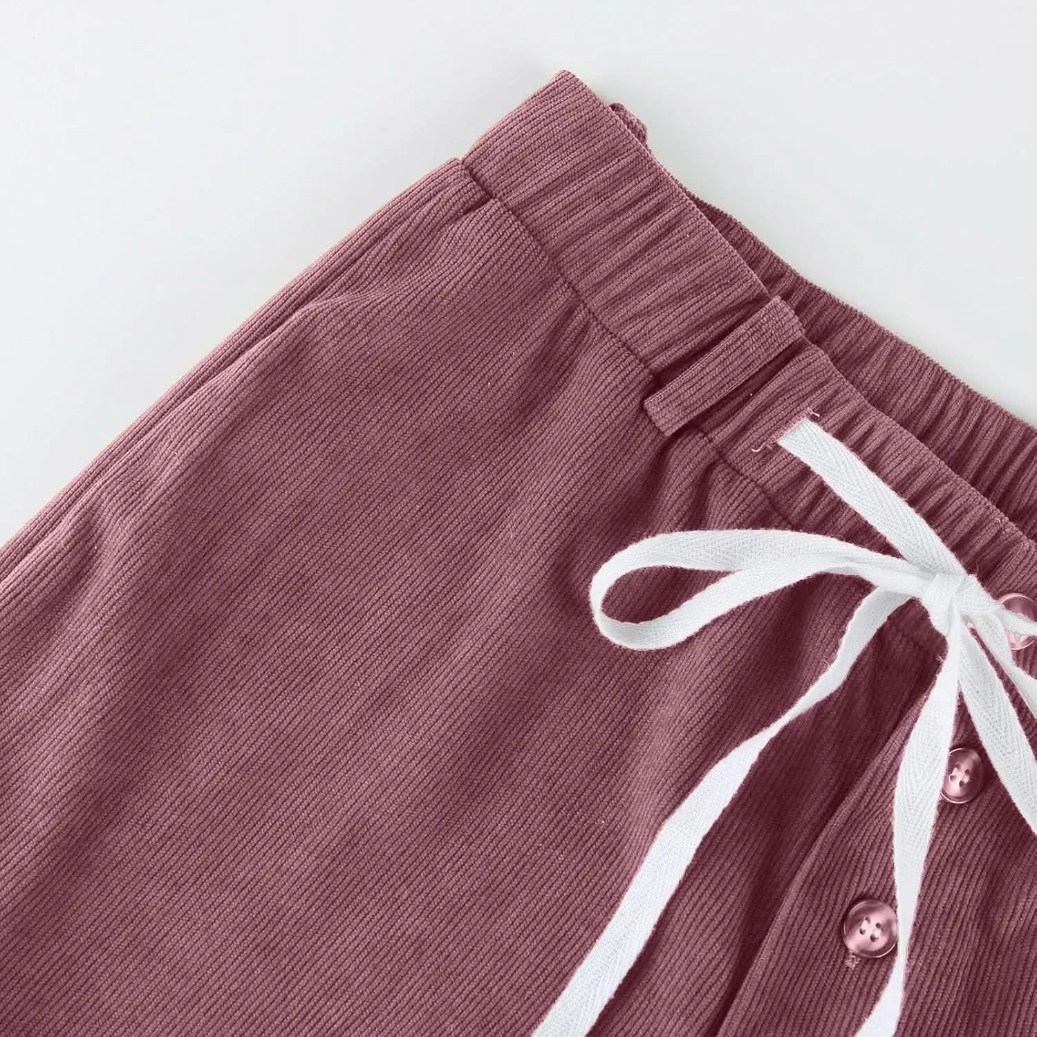 Corduroy Pants Women Drawstring Elastic Waist Wide Leg Work Pants Casual Baggy Barrel Trousers Pants with Pockets