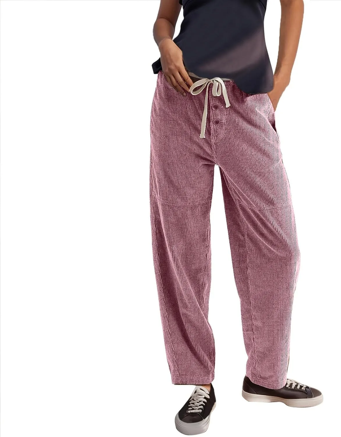 Corduroy Pants Women Drawstring Elastic Waist Wide Leg Work Pants Casual Baggy Barrel Trousers Pants with Pockets