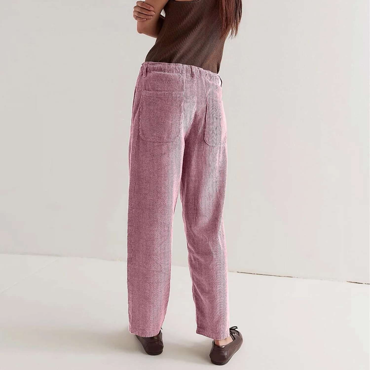 Corduroy Pants Women Drawstring Elastic Waist Wide Leg Work Pants Casual Baggy Barrel Trousers Pants with Pockets