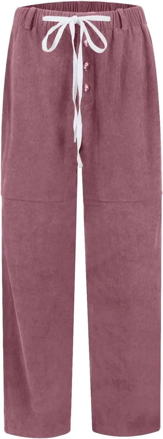 Corduroy Pants Women Drawstring Elastic Waist Wide Leg Work Pants Casual Baggy Barrel Trousers Pants with Pockets