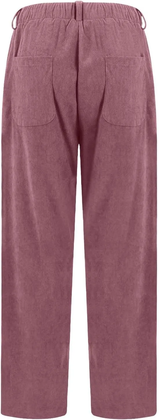 Corduroy Pants Women Drawstring Elastic Waist Wide Leg Work Pants Casual Baggy Barrel Trousers Pants with Pockets