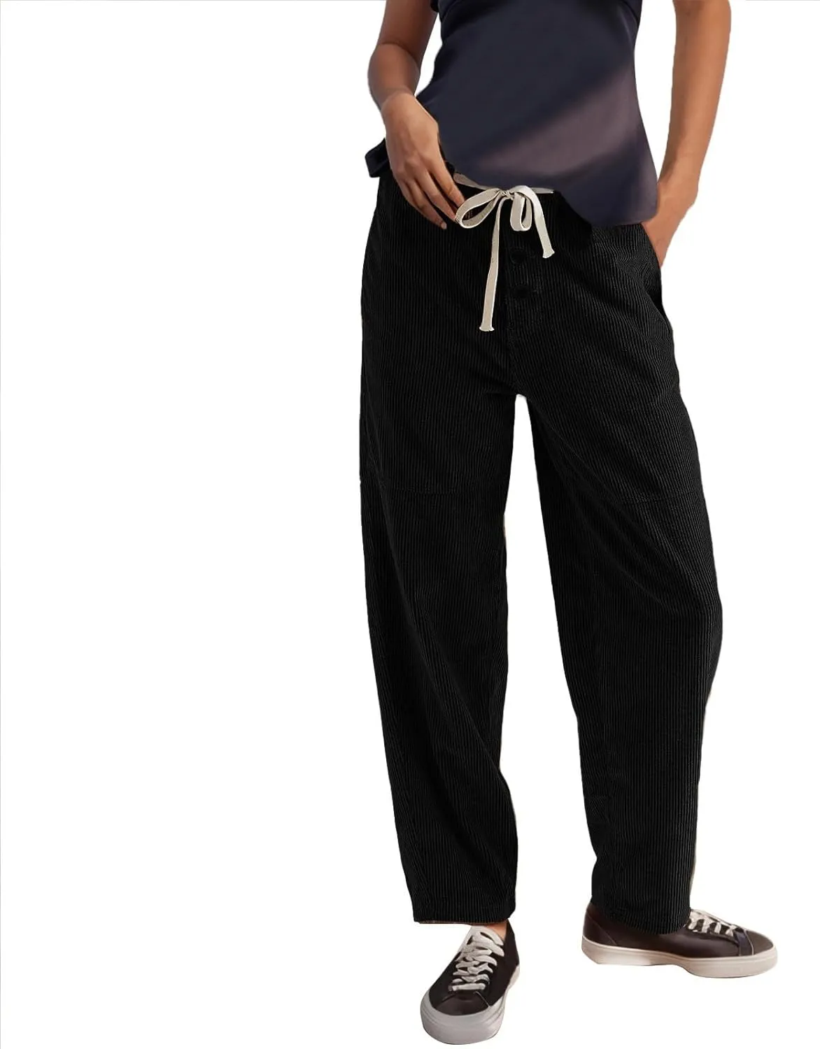 Corduroy Pants Women Drawstring Elastic Waist Wide Leg Work Pants Casual Loose Petite Trousers Pants with Pockets