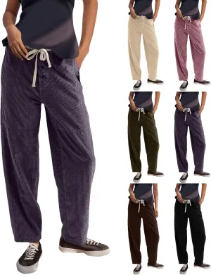 Corduroy Pants Women Drawstring Elastic Waist Wide Leg Work Pants Casual Loose Petite Trousers Pants with Pockets