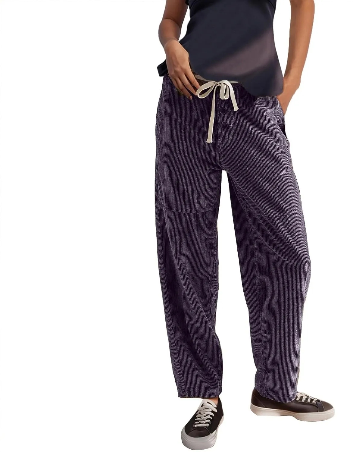 Corduroy Pants Women Drawstring Elastic Waist Wide Leg Work Pants Casual Loose Petite Trousers Pants with Pockets