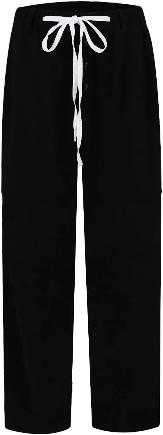 Corduroy Pants Women Drawstring Elastic Waist Wide Leg Work Pants Casual Loose Petite Trousers Pants with Pockets