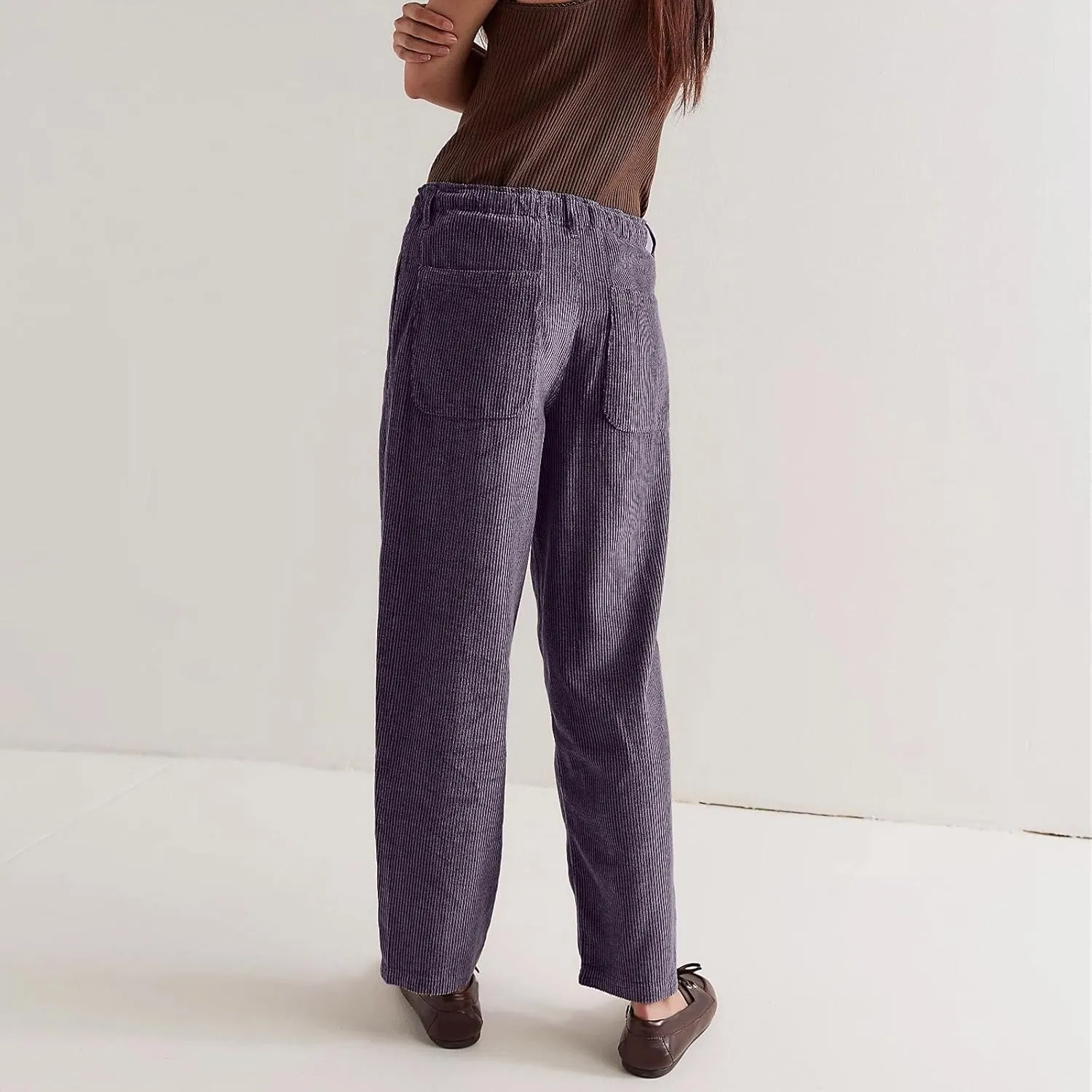Corduroy Pants Women Drawstring Elastic Waist Wide Leg Work Pants Casual Loose Petite Trousers Pants with Pockets