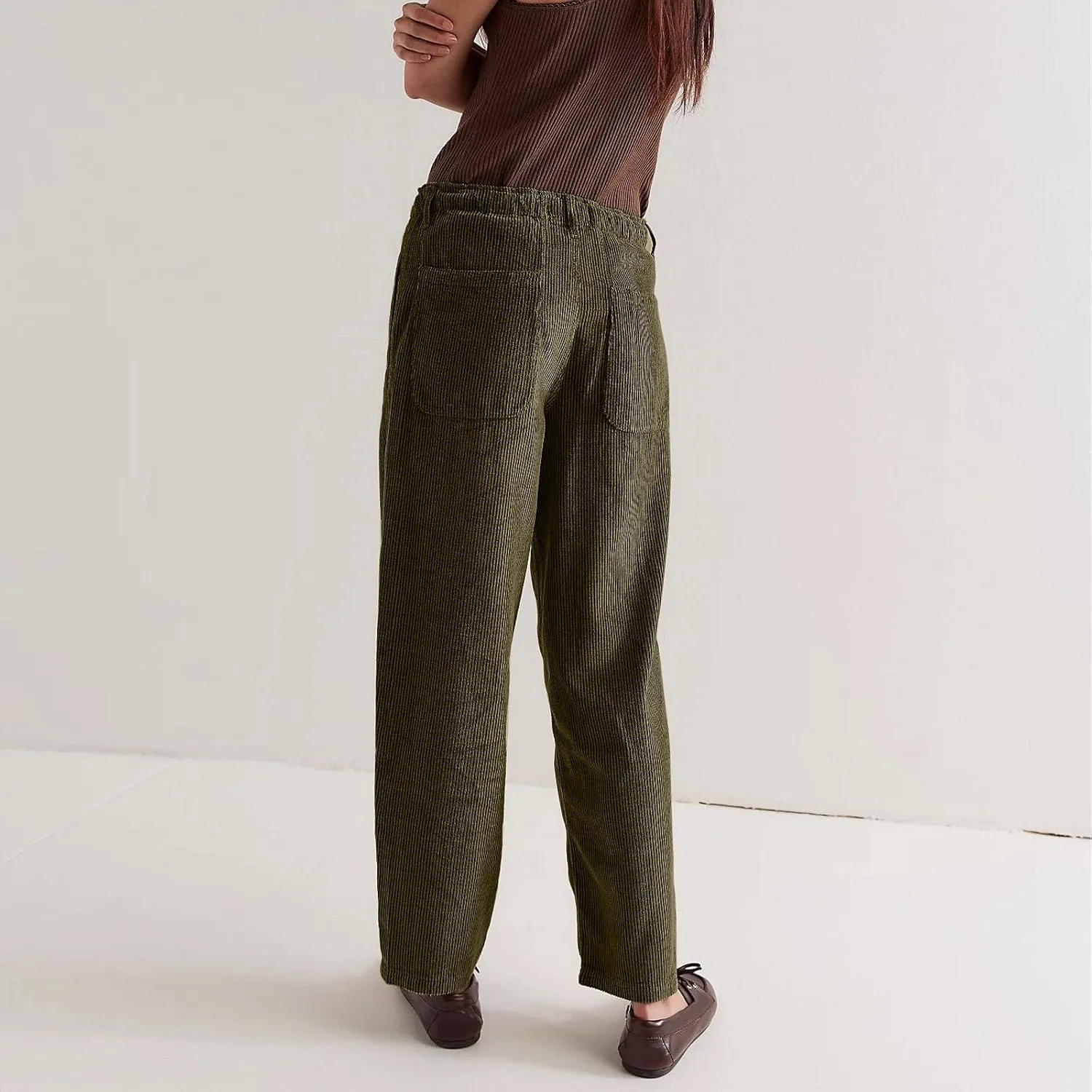 Corduroy Pants Women Drawstring Elastic Waist Wide Leg Work Pants Casual Loose Petite Trousers Pants with Pockets