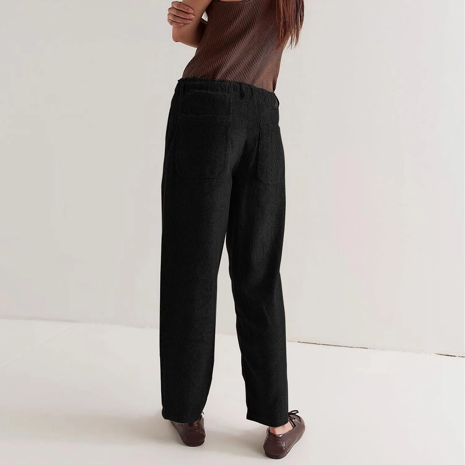 Corduroy Pants Women Drawstring Elastic Waist Wide Leg Work Pants Casual Loose Petite Trousers Pants with Pockets