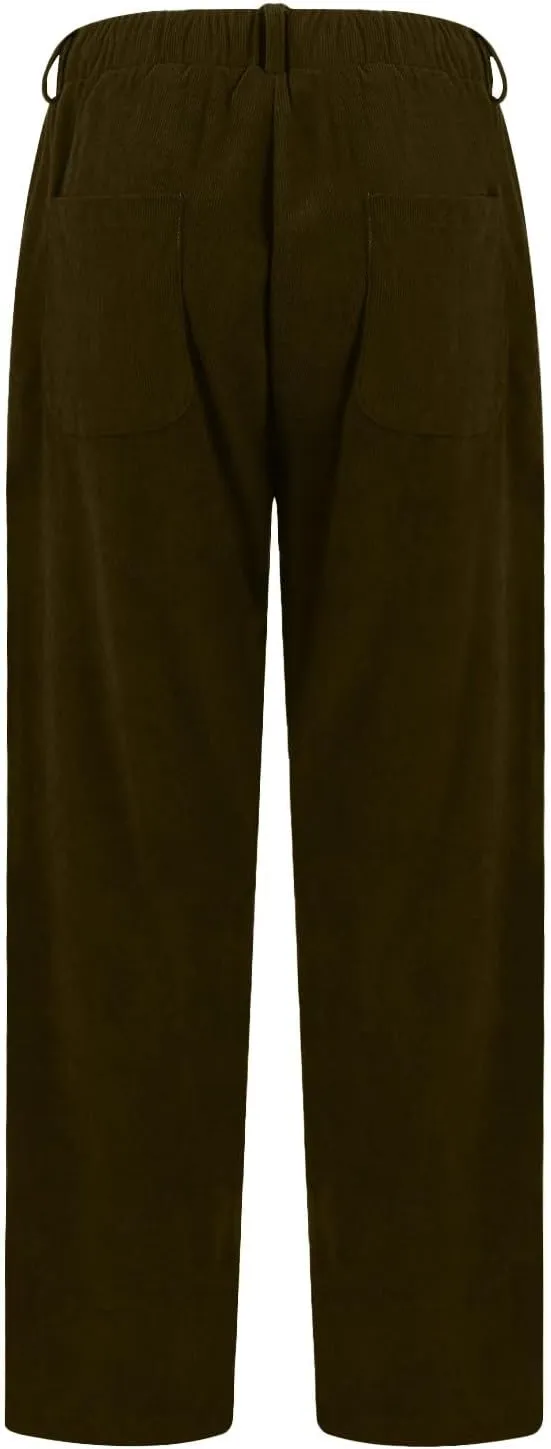 Corduroy Pants Women Drawstring Elastic Waist Wide Leg Work Pants Casual Loose Petite Trousers Pants with Pockets