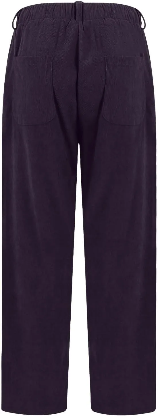 Corduroy Pants Women Drawstring Elastic Waist Wide Leg Work Pants Casual Loose Petite Trousers Pants with Pockets