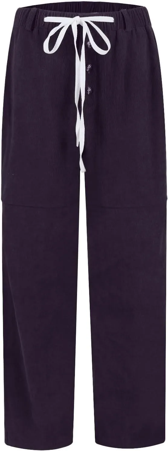 Corduroy Pants Women Drawstring Elastic Waist Wide Leg Work Pants Casual Loose Petite Trousers Pants with Pockets