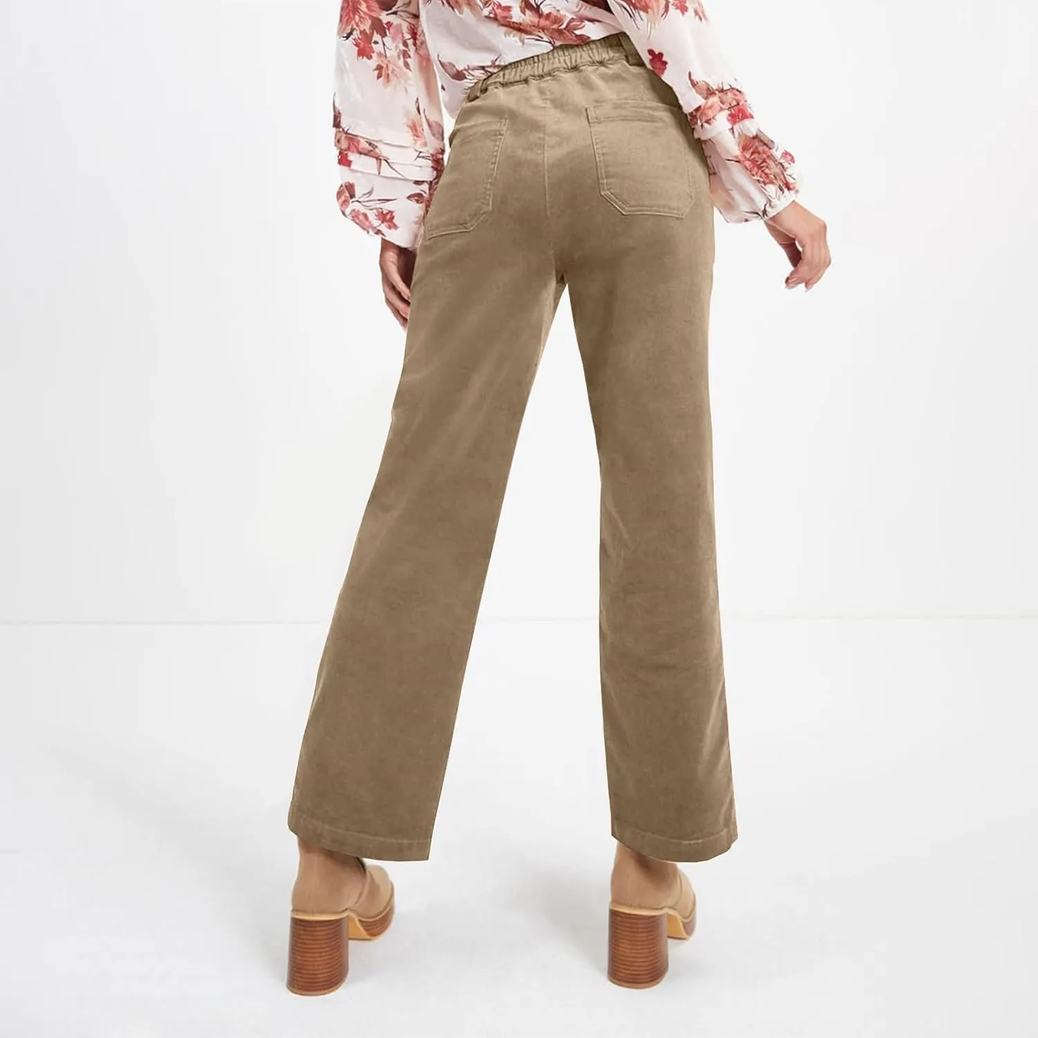 Corduroy Pants Women Trendy Straight Leg High Waisted Work Pants Trousers Fall Elastic Waist Pants with Pockets