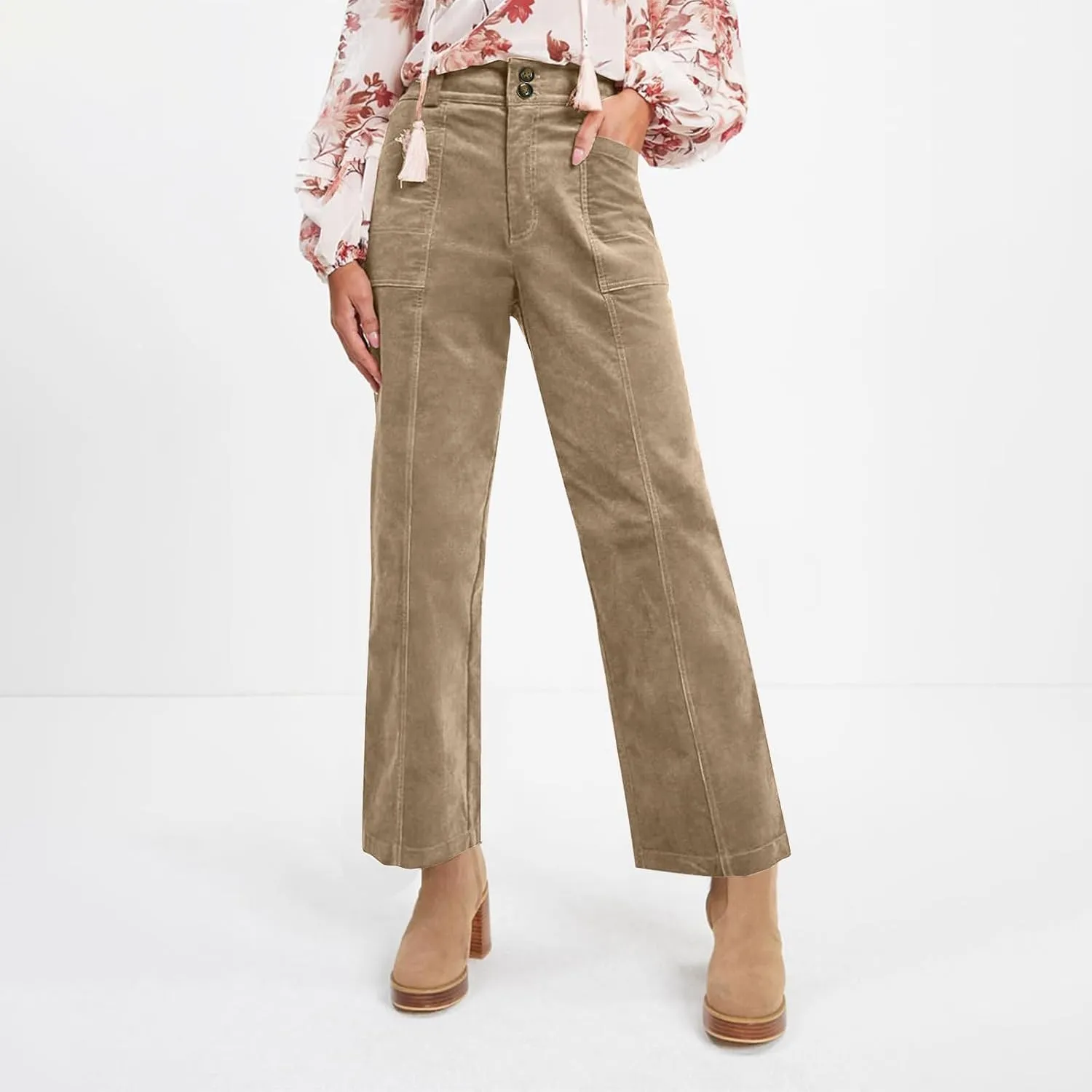 Corduroy Pants Women Trendy Straight Leg High Waisted Work Pants Trousers Fall Elastic Waist Pants with Pockets