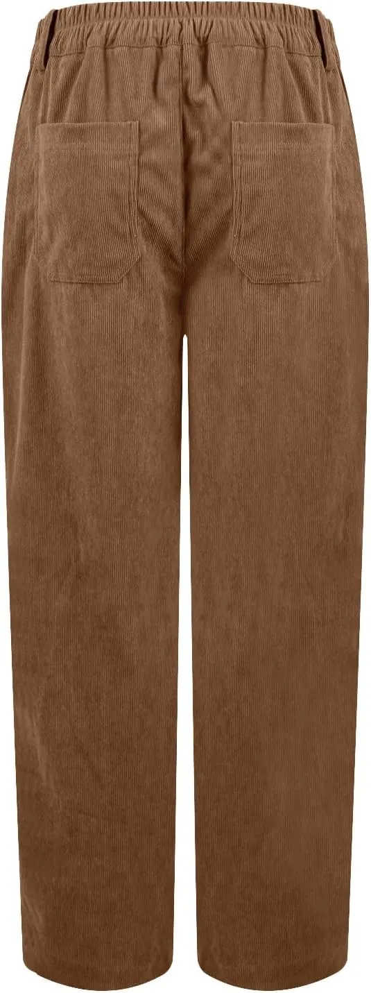 Corduroy Pants Women Trendy Straight Leg High Waisted Work Pants Trousers Fall Elastic Waist Pants with Pockets