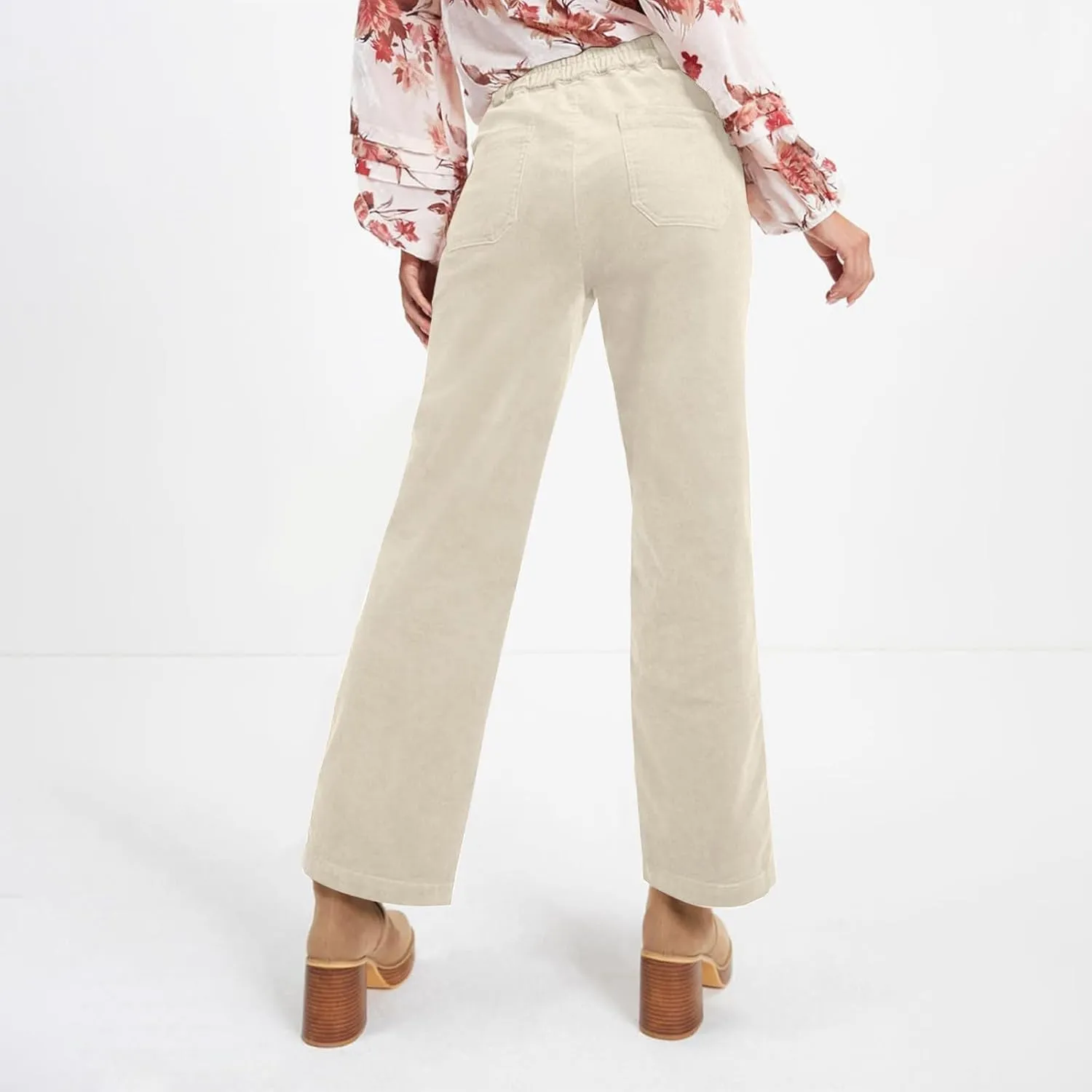 Corduroy Pants Women Trendy Straight Leg High Waisted Work Pants Trousers Fall Elastic Waist Pants with Pockets