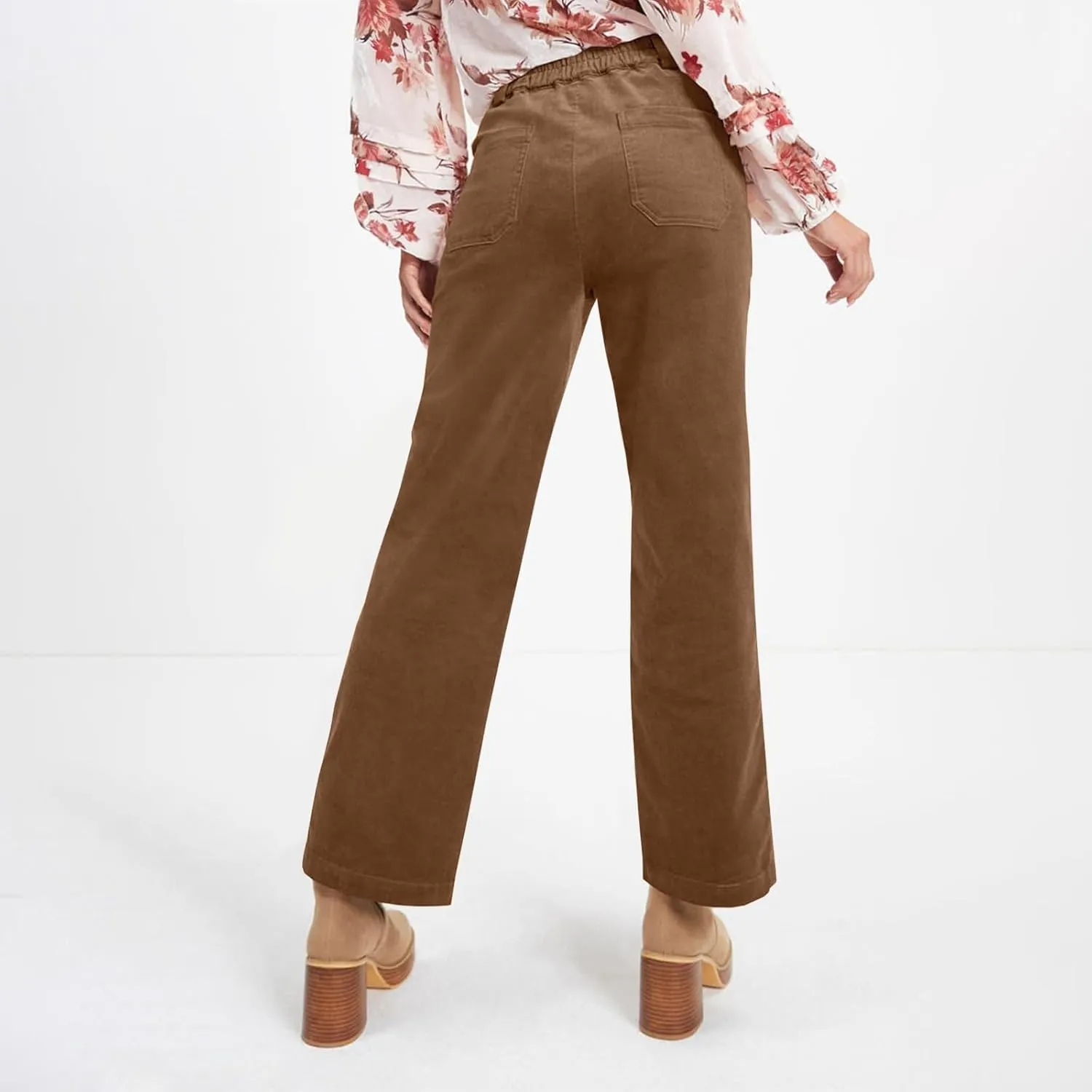 Corduroy Pants Women Trendy Straight Leg High Waisted Work Pants Trousers Fall Elastic Waist Pants with Pockets