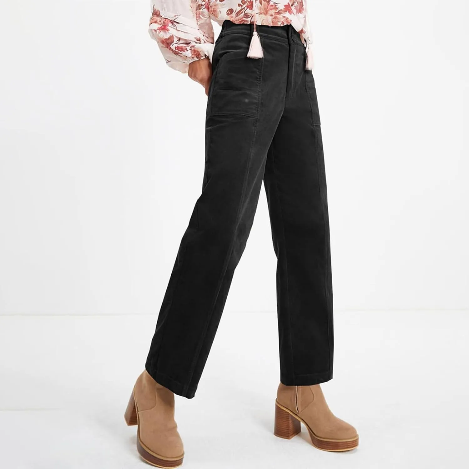 Corduroy Pants Women Trendy Straight Leg High Waisted Work Pants Trousers Fall Elastic Waist Pants with Pockets