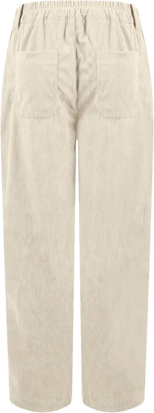 Corduroy Pants Women Trendy Straight Leg High Waisted Work Pants Trousers Fall Elastic Waist Pants with Pockets