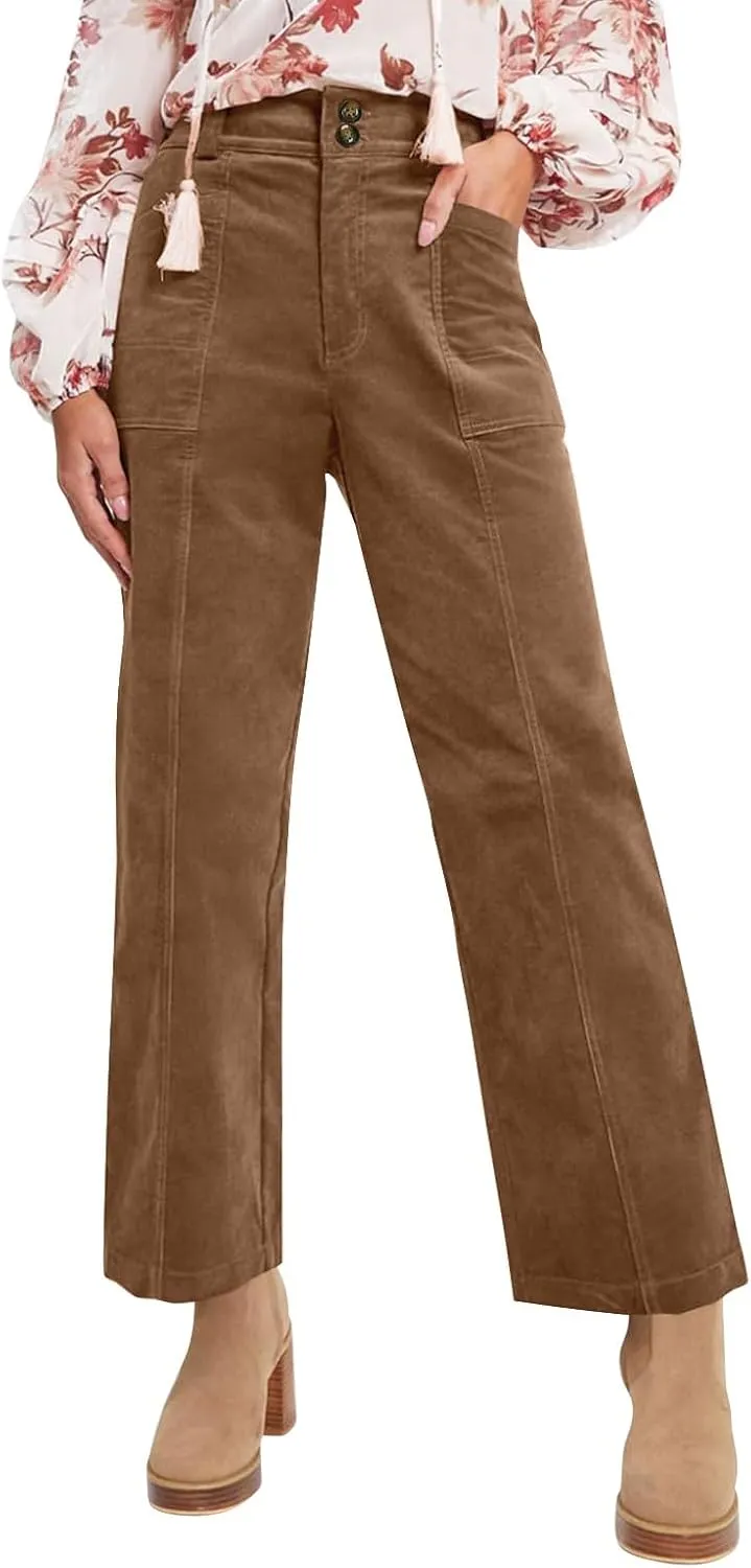 Corduroy Pants Women Trendy Straight Leg High Waisted Work Pants Trousers Fall Elastic Waist Pants with Pockets
