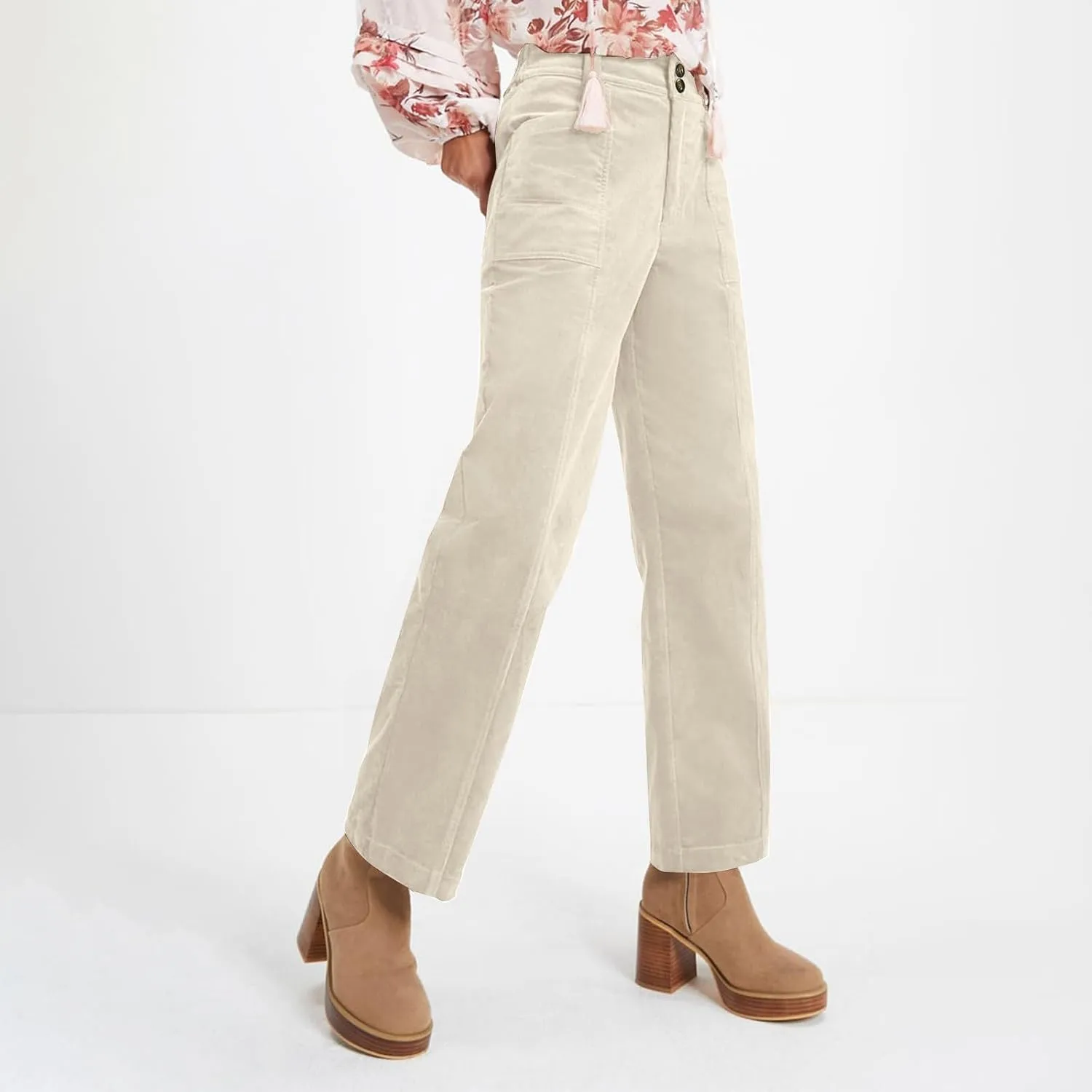 Corduroy Pants Women Trendy Straight Leg High Waisted Work Pants Trousers Fall Elastic Waist Pants with Pockets