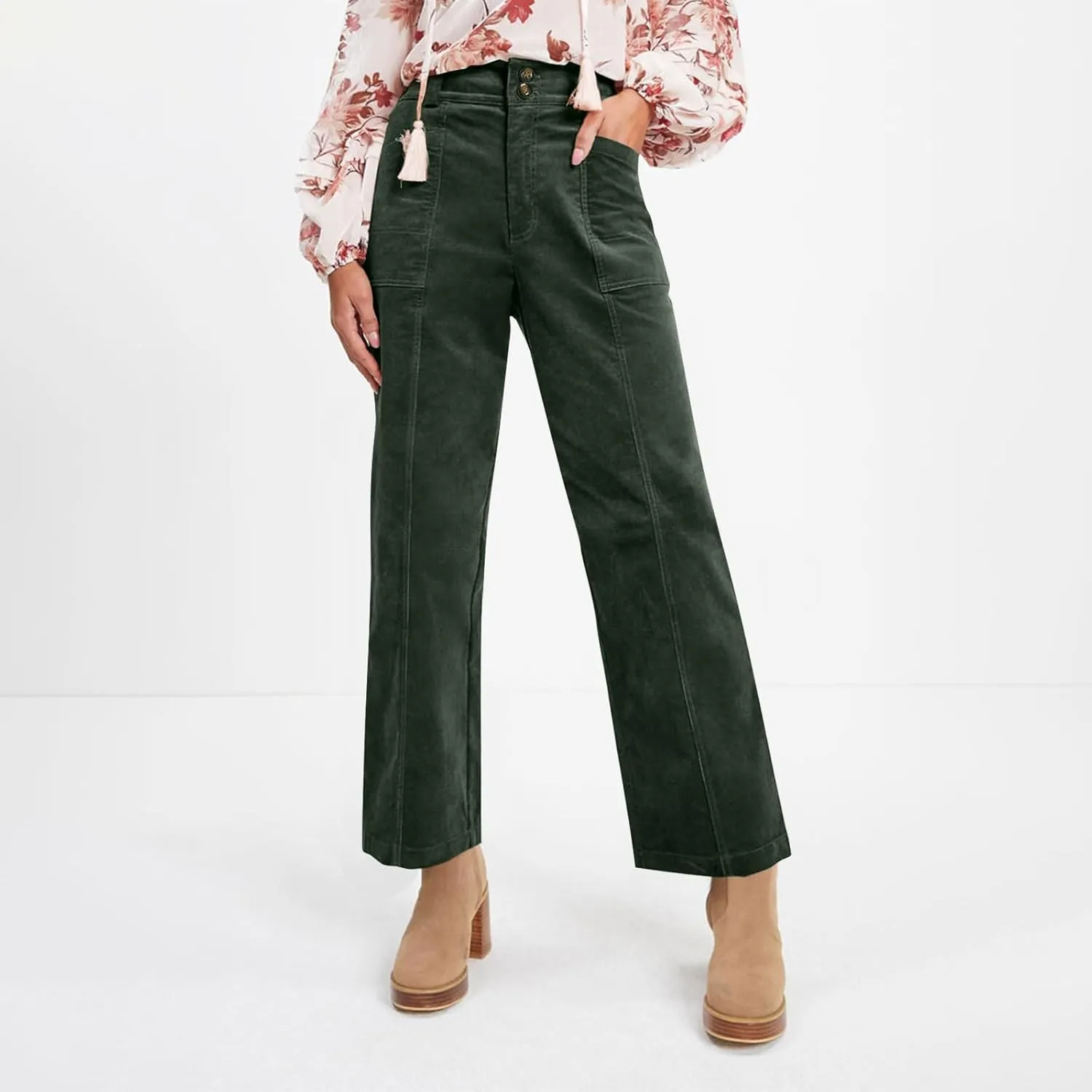 Corduroy Pants Women Trendy Straight Leg High Waisted Work Pants Trousers Fall Elastic Waist Pants with Pockets