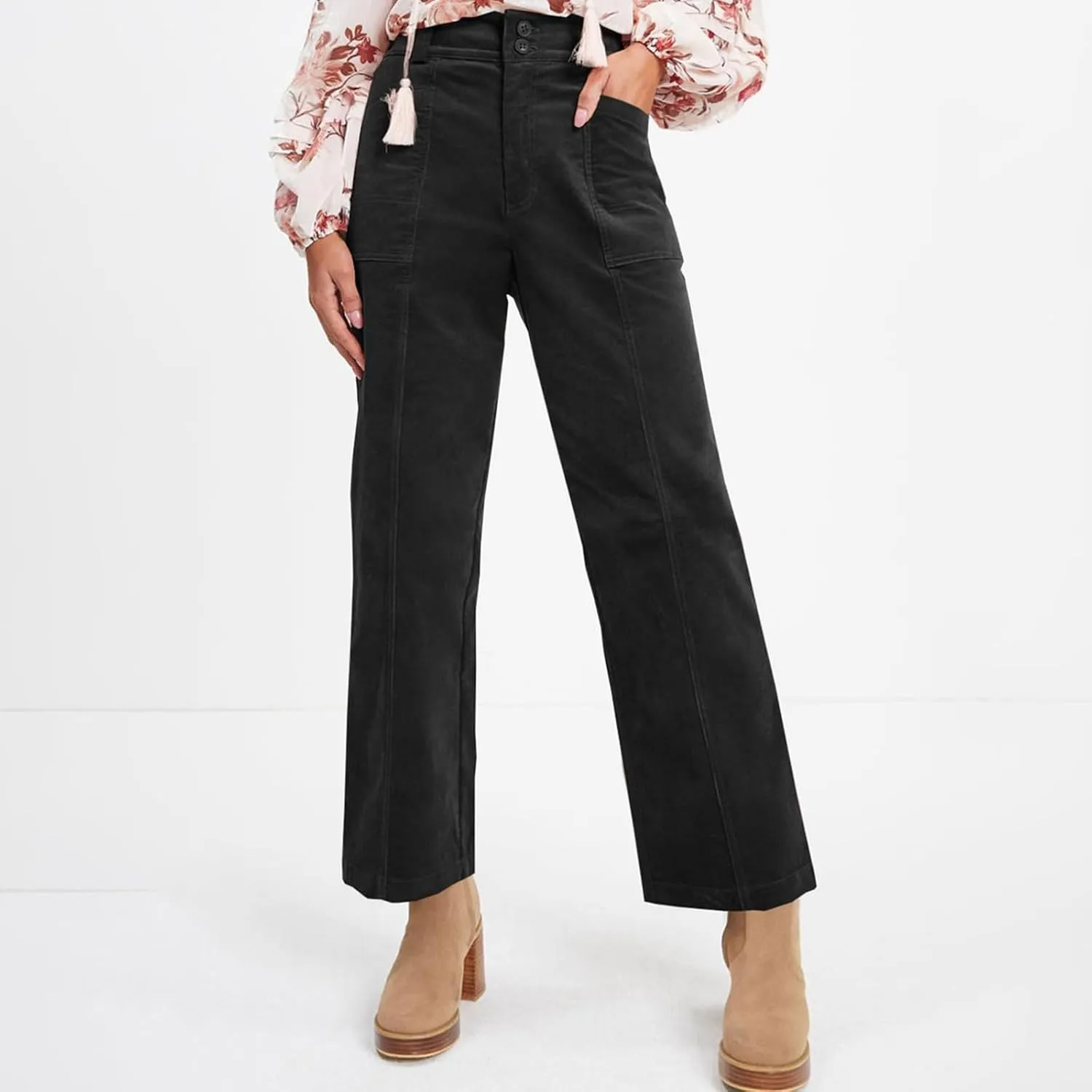 Corduroy Pants Women Trendy Straight Leg High Waisted Work Pants Trousers Fall Elastic Waist Pants with Pockets