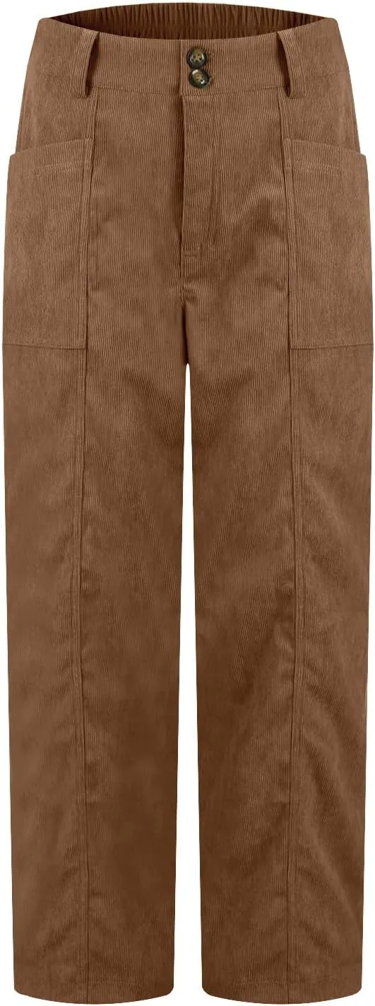 Corduroy Pants Women Trendy Straight Leg High Waisted Work Pants Trousers Fall Elastic Waist Pants with Pockets