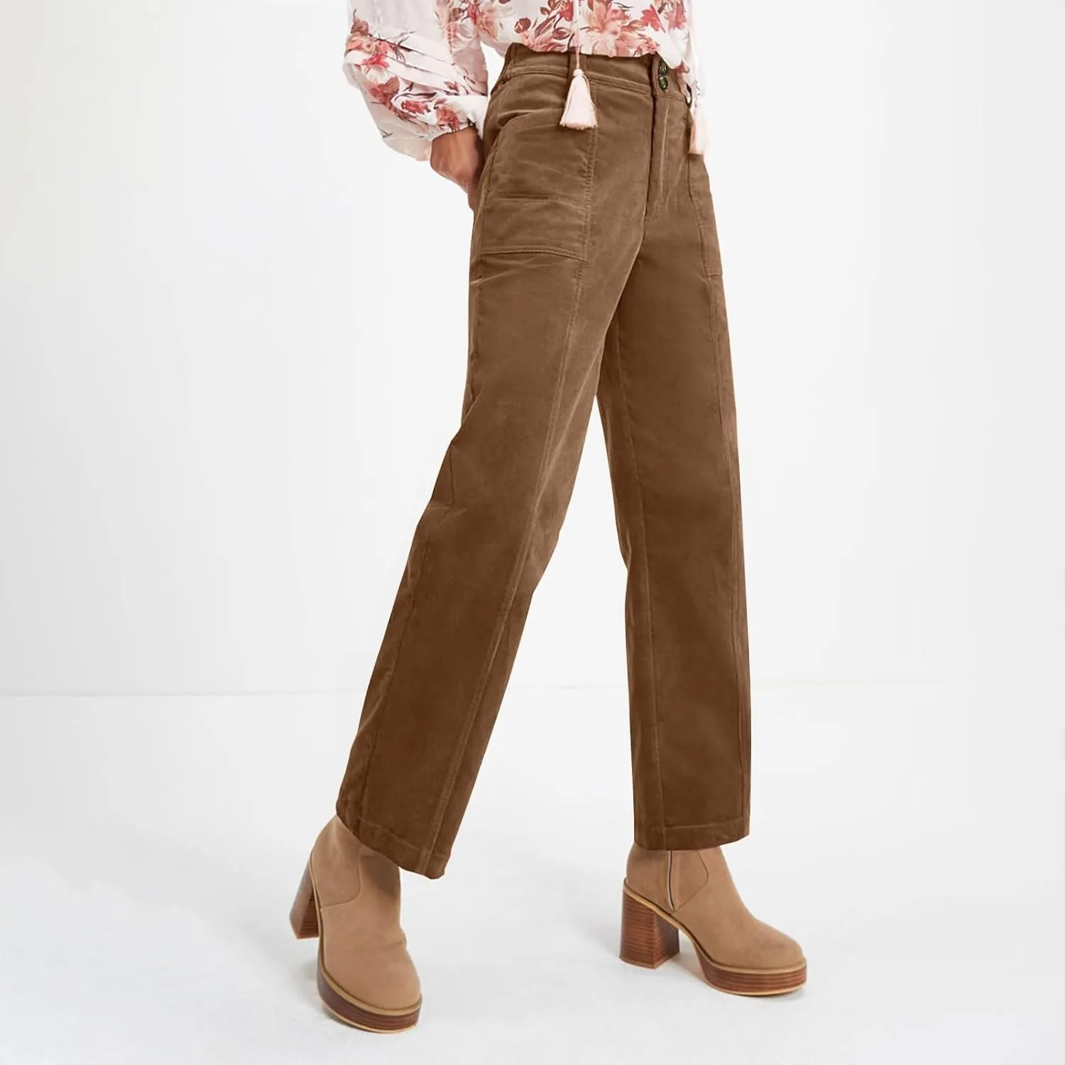 Corduroy Pants Women Trendy Straight Leg High Waisted Work Pants Trousers Fall Elastic Waist Pants with Pockets