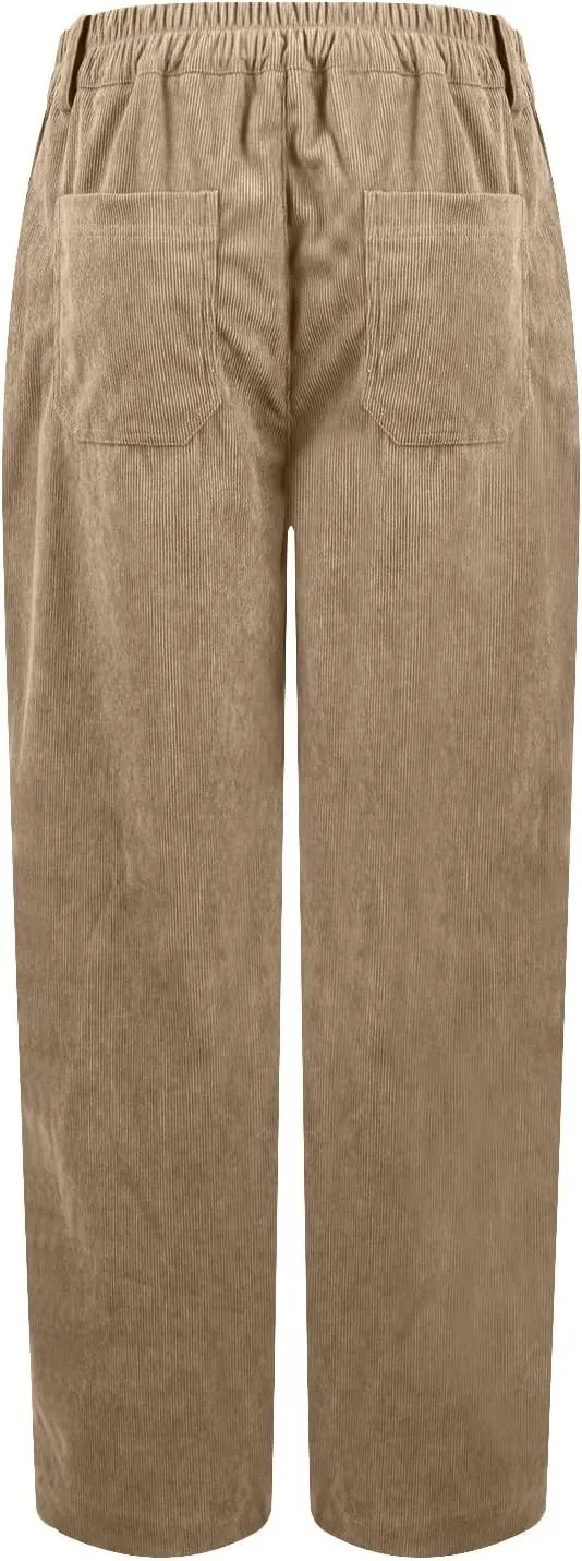 Corduroy Pants Women Trendy Straight Leg High Waisted Work Pants Trousers Fall Elastic Waist Pants with Pockets