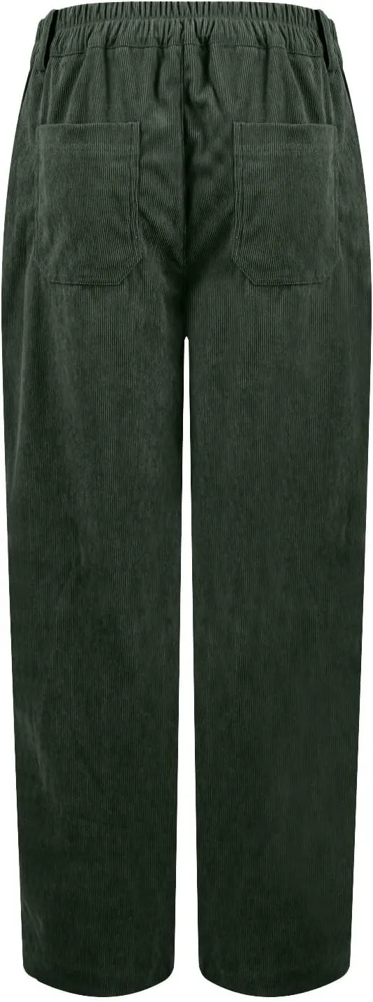 Corduroy Pants Women Trendy Straight Leg High Waisted Work Pants Trousers Fall Elastic Waist Pants with Pockets