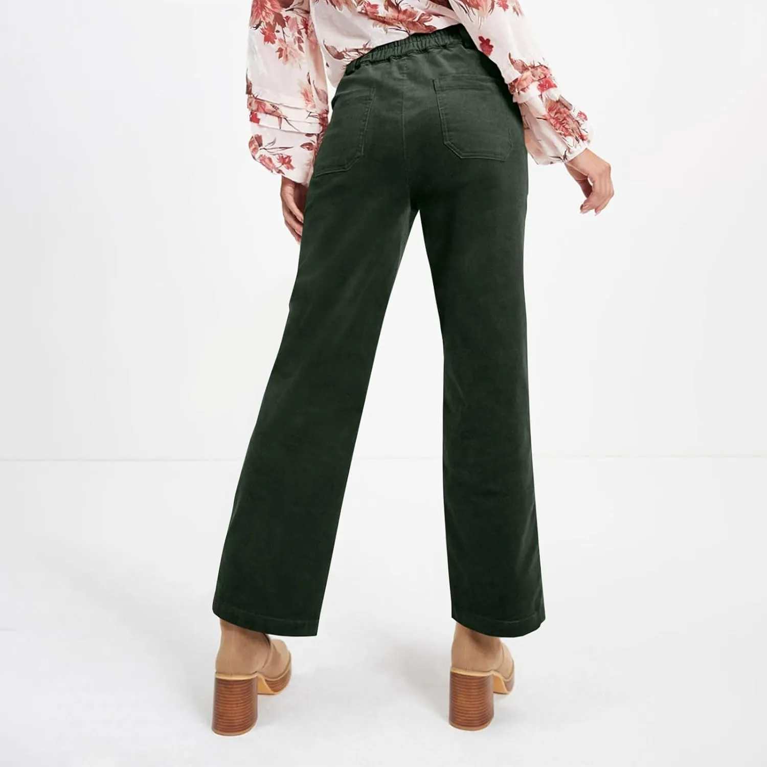 Corduroy Pants Women Trendy Straight Leg High Waisted Work Pants Trousers Fall Elastic Waist Pants with Pockets