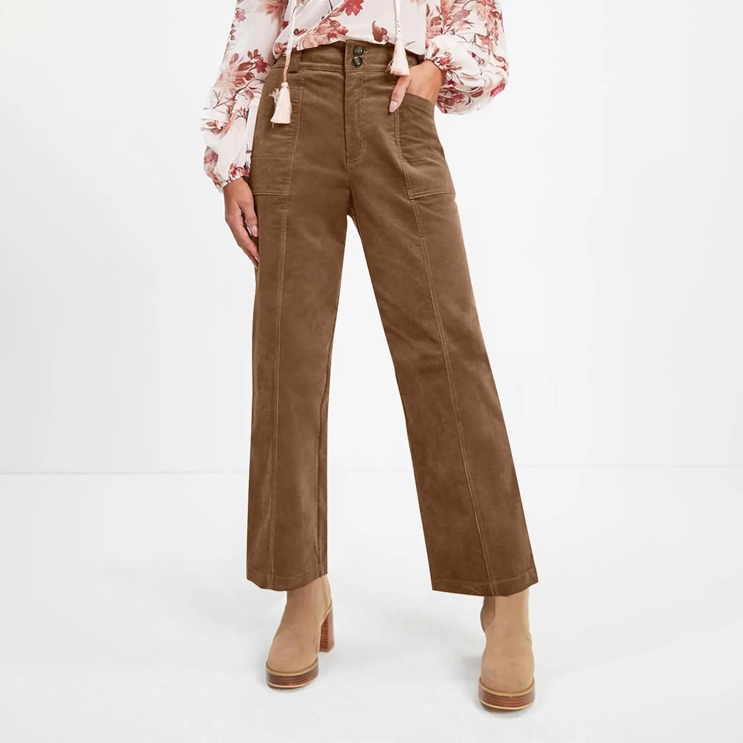 Corduroy Pants Women Trendy Straight Leg High Waisted Work Pants Trousers Fall Elastic Waist Pants with Pockets