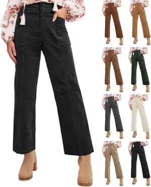 Corduroy Pants Women Trendy Straight Leg High Waisted Work Pants Trousers Fall Elastic Waist Pants with Pockets
