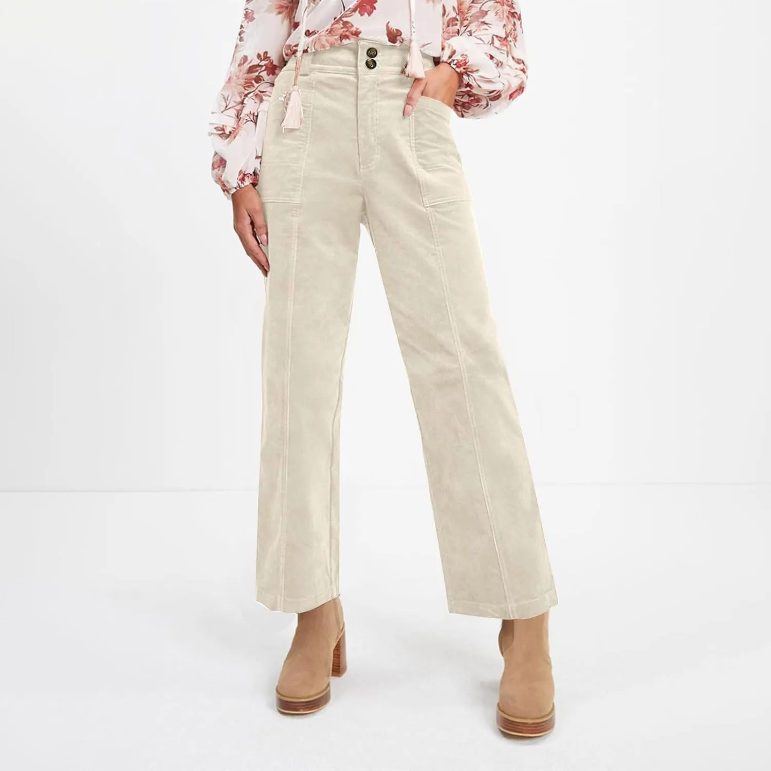Corduroy Pants Women Trendy Straight Leg High Waisted Work Pants Trousers Fall Elastic Waist Pants with Pockets