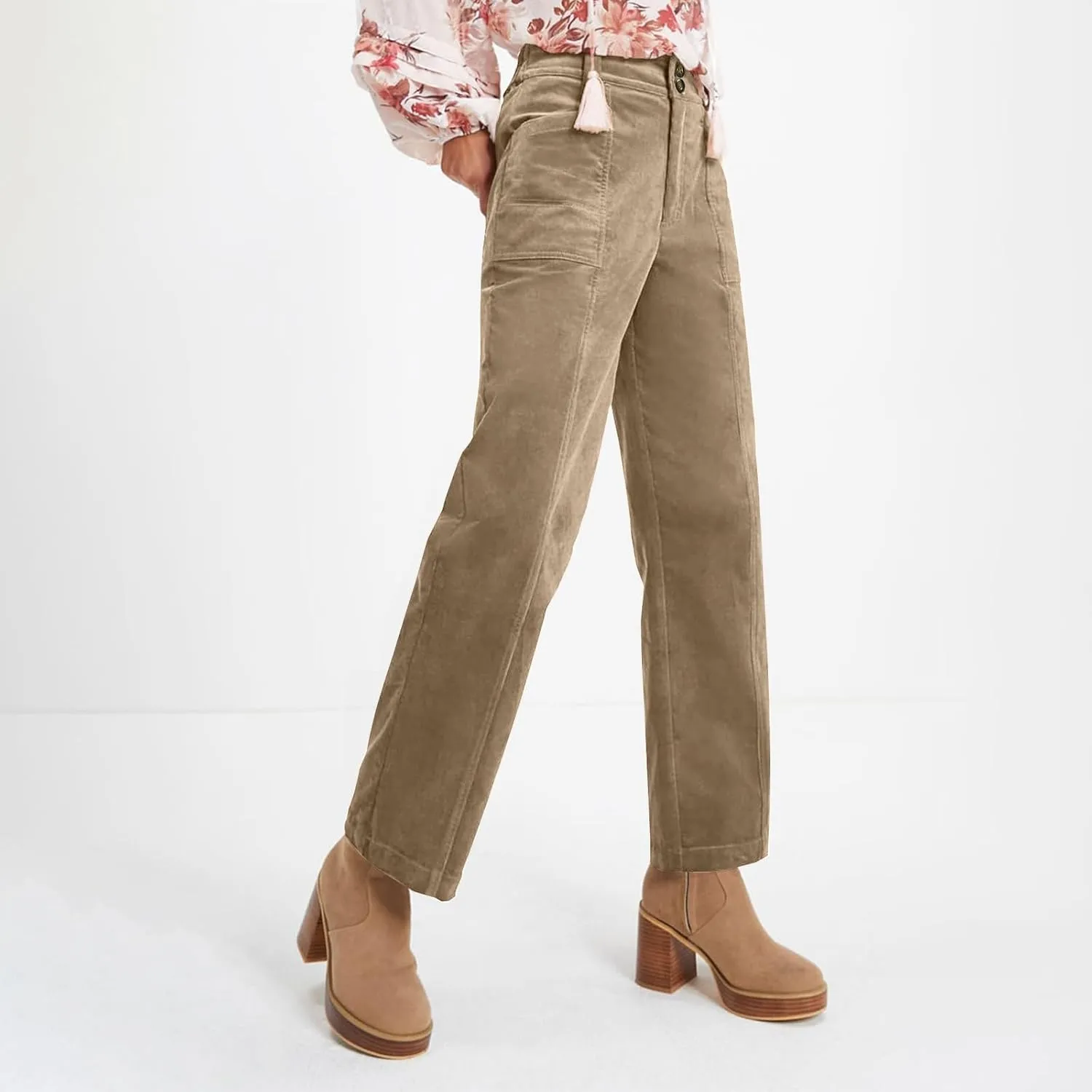 Corduroy Pants Women Trendy Straight Leg High Waisted Work Pants Trousers Fall Elastic Waist Pants with Pockets