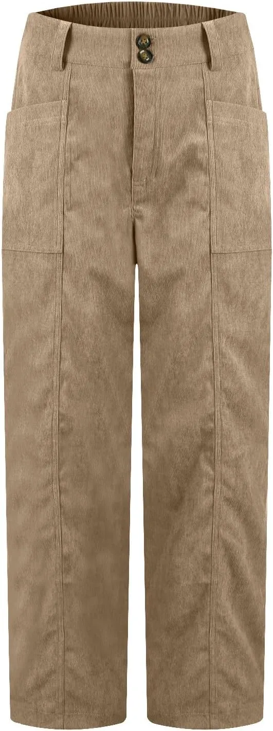 Corduroy Pants Women Trendy Straight Leg High Waisted Work Pants Trousers Fall Elastic Waist Pants with Pockets