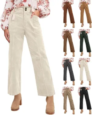 Corduroy Pants Women Trendy Straight Leg High Waisted Work Pants Trousers Fall Elastic Waist Pants with Pockets