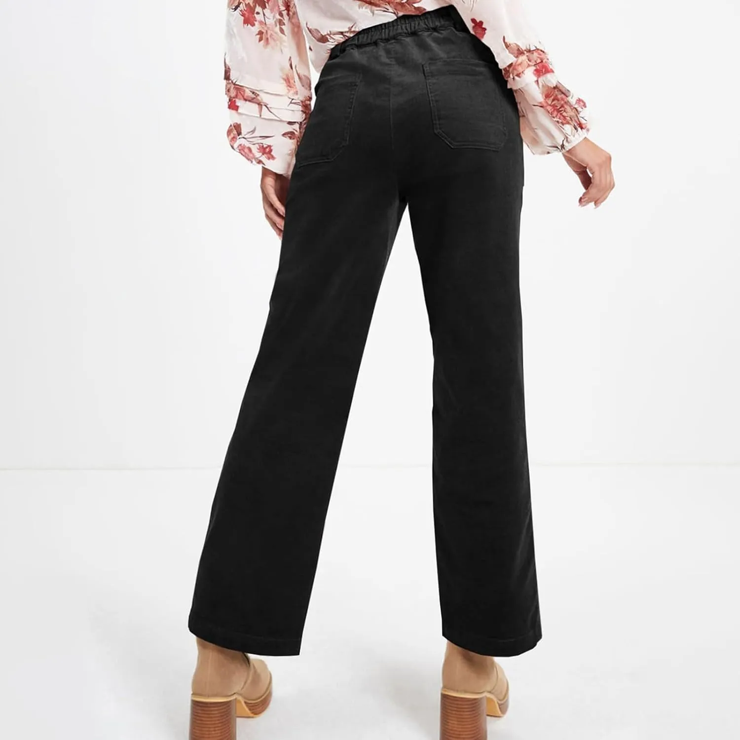 Corduroy Pants Women Trendy Straight Leg High Waisted Work Pants Trousers Fall Elastic Waist Pants with Pockets