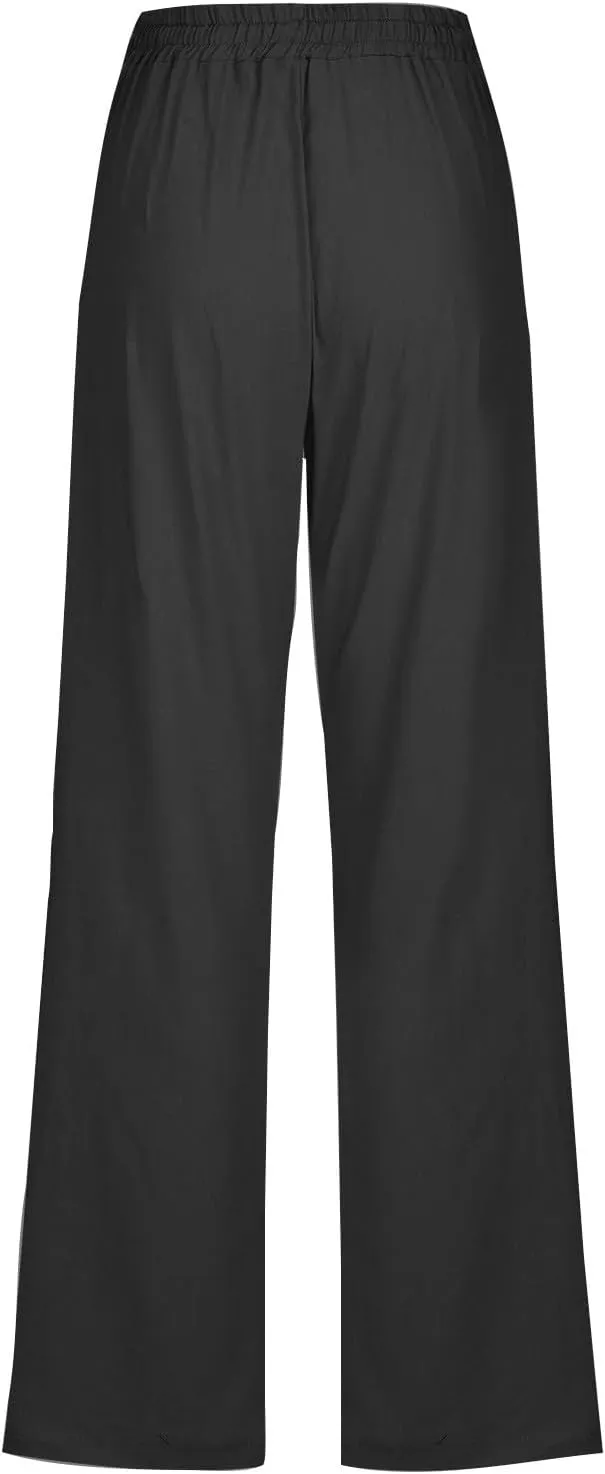 Cotton Linen Pants for Women Straight Leg Drawstring Lounge Trousers High Waisted Casual Long Slacks with Pockets
