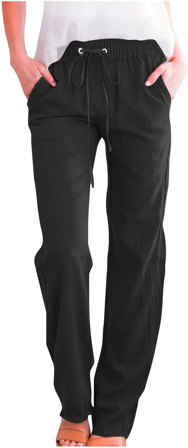 Cotton Linen Pants for Women Straight Leg Drawstring Lounge Trousers High Waisted Casual Long Slacks with Pockets