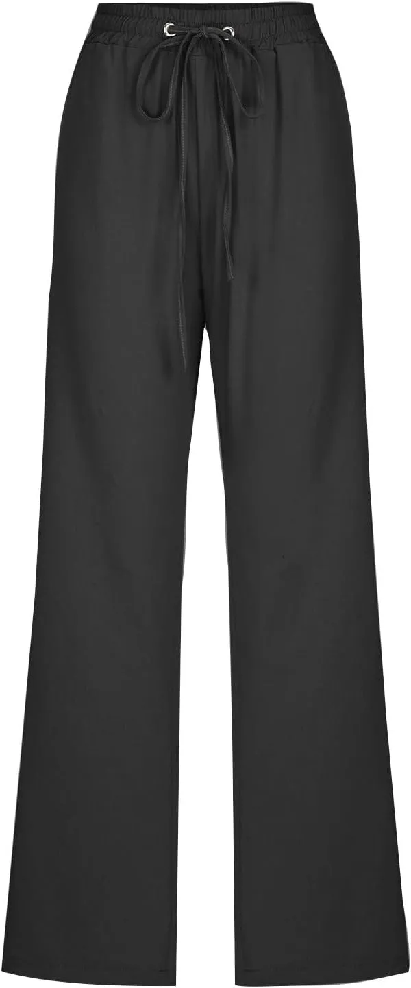 Cotton Linen Pants for Women Straight Leg Drawstring Lounge Trousers High Waisted Casual Long Slacks with Pockets