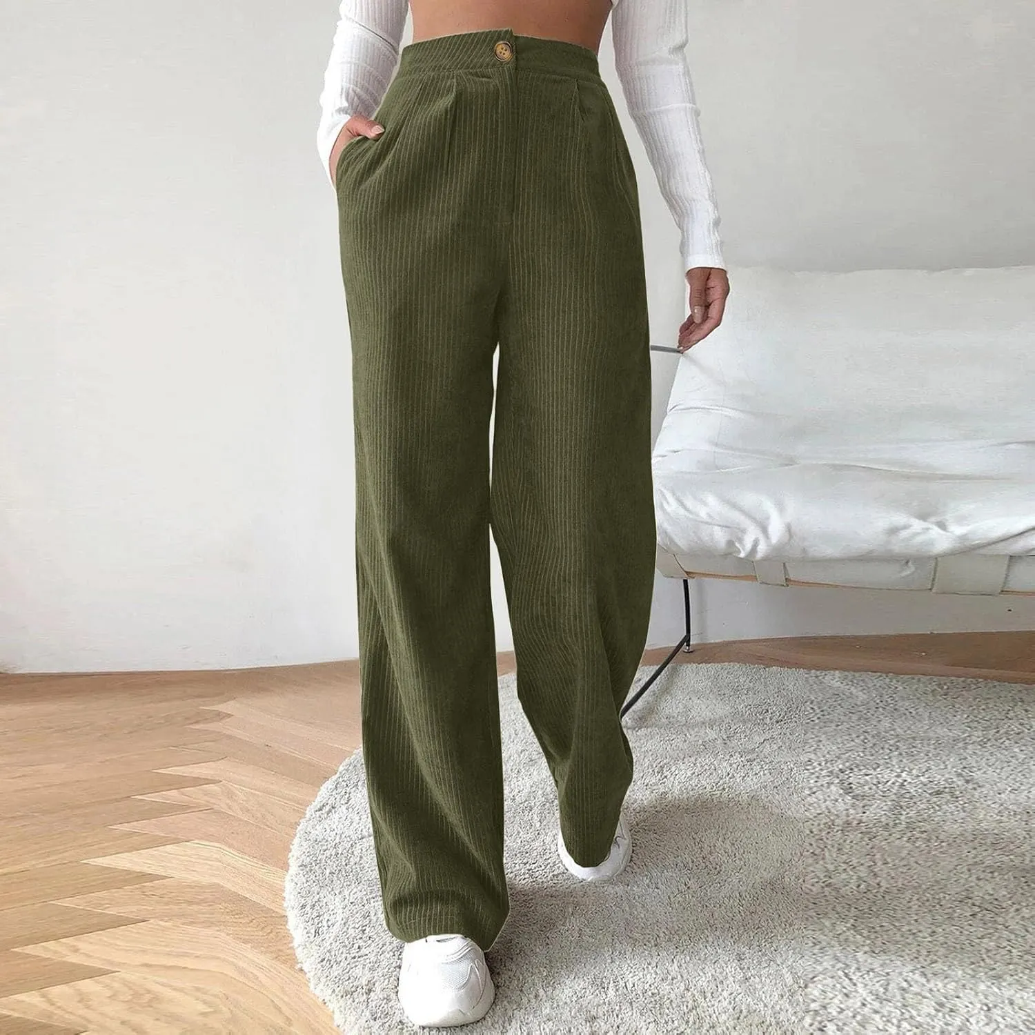 High Waist Cord Wide Leg Pants Straight Trousers Women Big Size Corduroy Pants Casual for Women