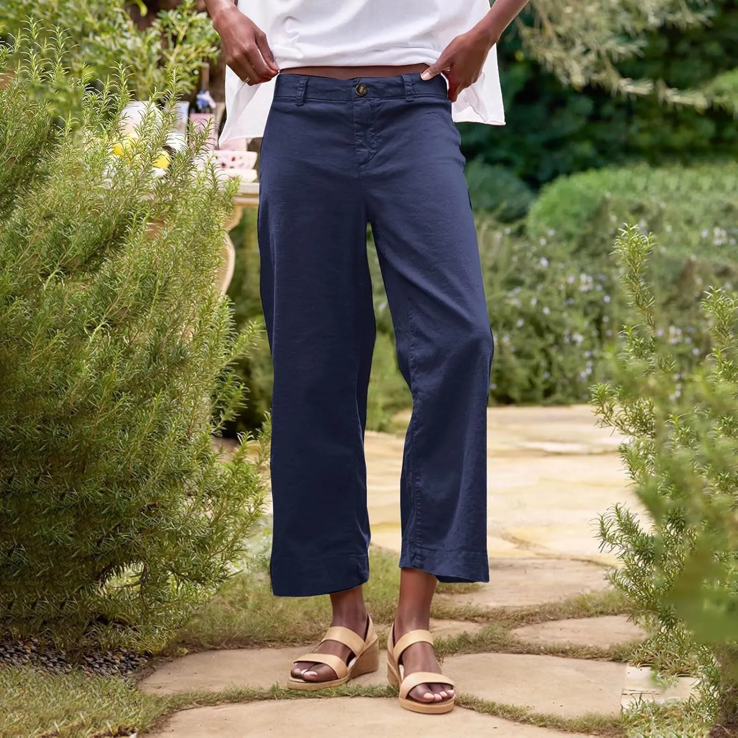 lcziwo Women Cropped Work Pants Elastic Waisted Flared Wide Leg Pants Baggy Business Casual Trousers Straight Leg Pants