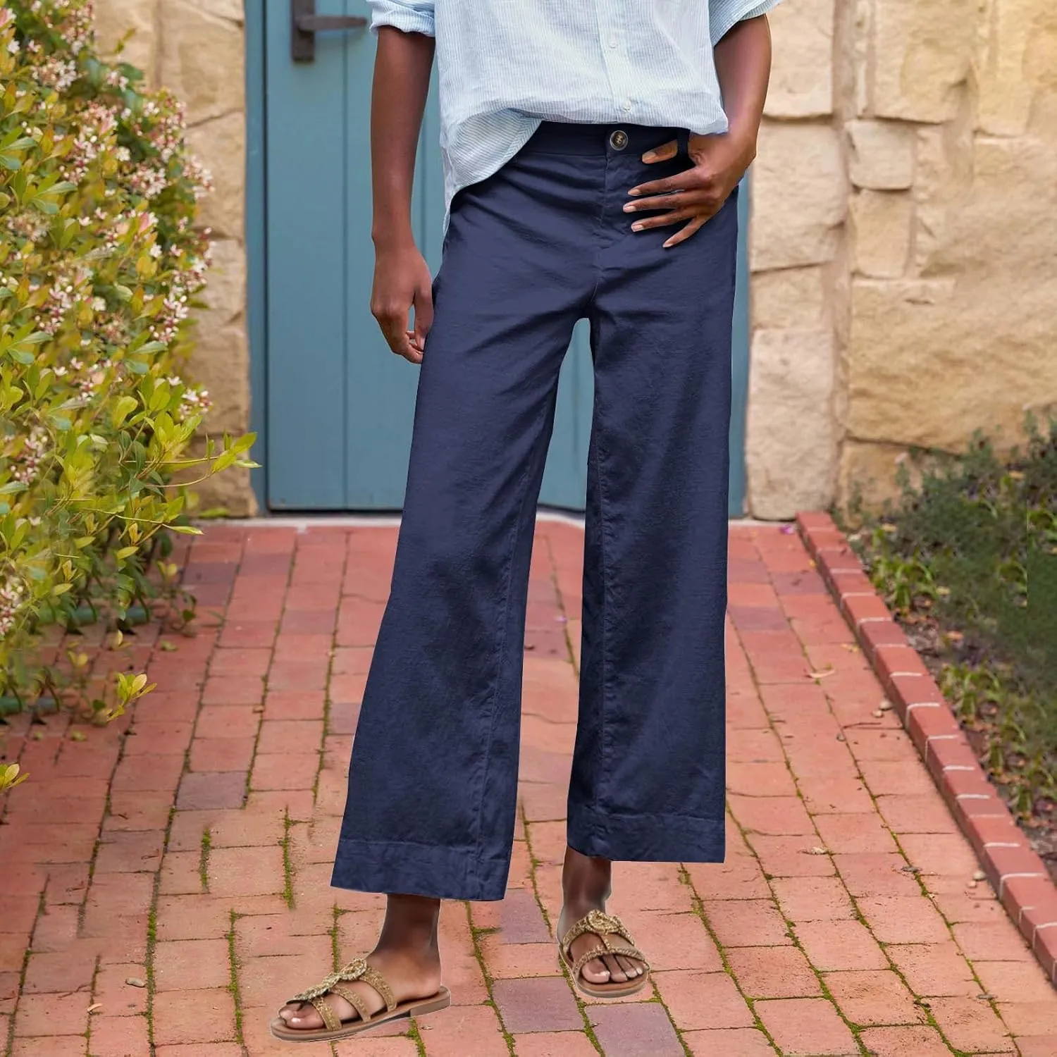 lcziwo Women Cropped Work Pants Elastic Waisted Flared Wide Leg Pants Baggy Business Casual Trousers Straight Leg Pants