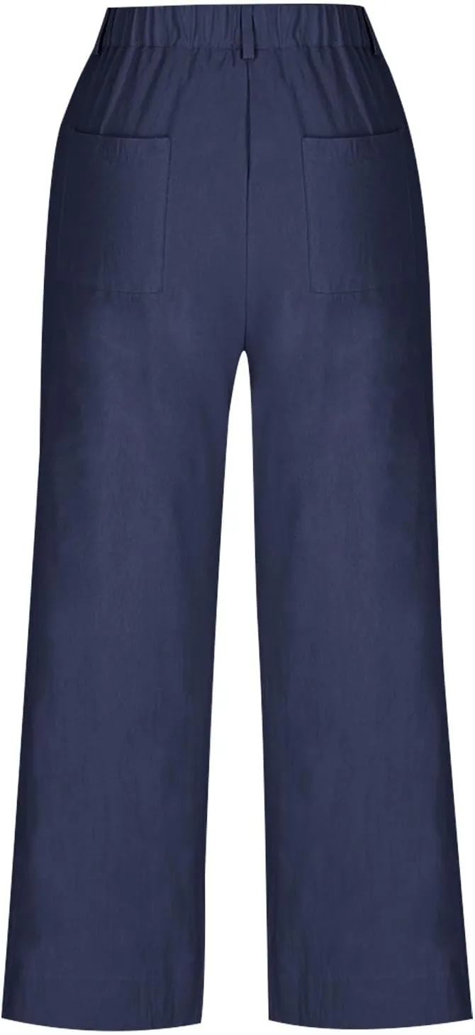 lcziwo Women Cropped Work Pants Elastic Waisted Flared Wide Leg Pants Baggy Business Casual Trousers Straight Leg Pants