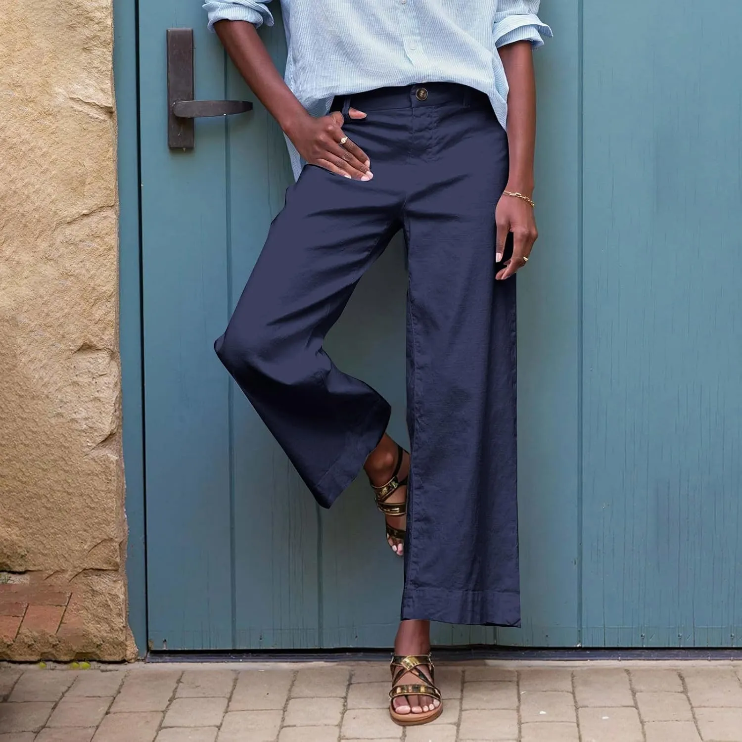 lcziwo Women Cropped Work Pants Elastic Waisted Flared Wide Leg Pants Baggy Business Casual Trousers Straight Leg Pants