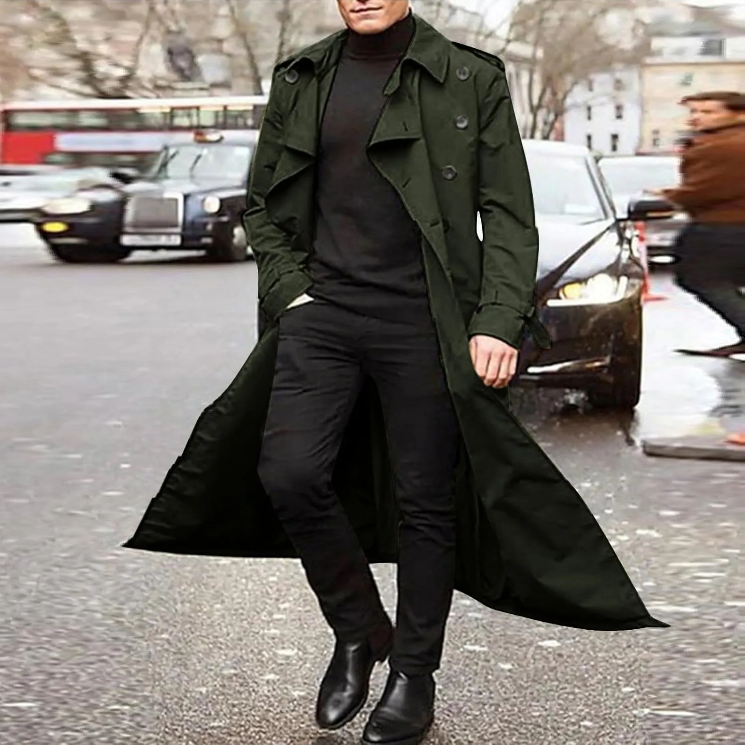 Men's Casual Trench Coat Slim Fit Notched Collar Men's Lengthened Prom Jacket Long Jacket Overcoat Coat with Pockets