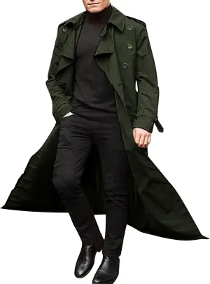 Men's Casual Trench Coat Slim Fit Notched Collar Men's Lengthened Prom Jacket Long Jacket Overcoat Coat with Pockets