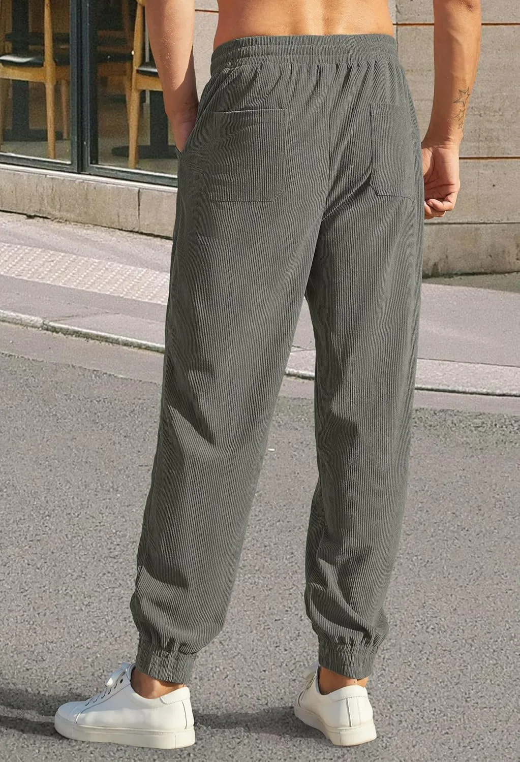 Mens Corduroy Joggers Pants Casual Cargo Pants Drawstring Elastic Waist Baggy Tapered Sweatpants with Pockets
